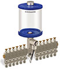 Blue Color Key, Clear View Multiple Feed Electro Lubricator, 1 qt Acrylic Reservoir, 12 Feeds, 1/4” OD Tube Outlets, 24VDC - B5162-032AB12024D1BW - Oil-Rite Corp.