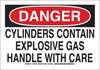 Brady B-555 Aluminum Rectangle White Chemical, Biohazard, Hazardous & Flammable Material Sign - 14 in Width x 10 in Height - TEXT: DANGER CYLINDERS CONTAIN EXPLOSIVE GAS HANDLE WITH CARE - 126189 - 754473-74353 - R. S. Hughes Company, Inc.