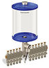Blue Color Key, Clear View Multiple Feed Electro Lubricator, 1/2 gal Pyrex Reservoir, 11 Feeds, 1/4” OD Tube Outlets, 24VDC - B5162-064PB11024D1BW - Oil-Rite Corp.