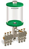Green Color Key, Clear View Multiple Feed Manual Lubricator, 1 qt Pyrex Reservoir, 6 Feeds, 1/4” OD Tube Outlets - B5163-032PB061GW - Oil-Rite Corp.