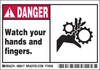 Brady B-302 Black / Red on White Polyester Machine & Equipment Safety Label - 5 in Width - 3 1/2 in Height - Printed Text = DANGER - WATCH YOUR HANDS AND FINGERS. - 86817 - 754476-86817 - R. S. Hughes Company, Inc.