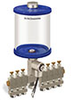 Blue Color Key, Clear View Multiple Feed Electro Lubricator, 1 qt Acrylic Reservoir, 7 Feeds, 1/8