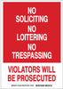 Brady B-302 Polyester Rectangle White Loitering, Soliciting, & Trespassing Sign - 10 in Width x 14 in Height - Laminated - 123488 - 754473-79060 - R. S. Hughes Company, Inc.