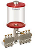 Red Color Key, Clear View Multiple Feed Manual Lubricator, 1 qt Acrylic Reservoir, 7 Feeds, 1/8
