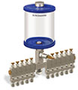 Blue Color Key, Clear View Multiple Feed Manual Lubricator, 1 qt Acrylic Reservoir, 11 Feeds, 1/4” OD Tube Outlets - B5163-032AB111BW - Oil-Rite Corp.