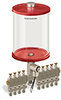Red Color Key, Clear View Multiple Feed Electro Lubricator, 1/2 gal Pyrex Reservoir, 9 Feeds, 1/4” OD Tube Outlets, 24VDC - B5162-064PB09024D1RW - Oil-Rite Corp.