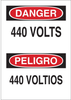 Brady B-401 Polystyrene Rectangle White Electrical Safety Sign - 10 in Width x 14 in Height - Language English / Spanish - TEXT: DANGER 440 VOLTS / PELIGRO 440 VOLTIOS - 38684 - 754476-38684 - R. S. Hughes Company, Inc.