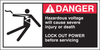Brady B-302 Red / White on Black Rectangle Polyester High Voltage Warning Label - 5 in Width - 2 1/2 in Height - Printed Text = HAZARDOUS VOLTAGE WILL CAUSE SEVERE INJURY OR DEATH LOCK OUT POWER BEFOR - 754476-96157 - R. S. Hughes Company, Inc.
