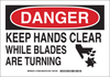 Brady B-555 Aluminum Rectangle White Machine & Equipment Sign - 14 in Width x 10 in Height - TEXT: DANGER KEEP HANDS CLEAR WHILE BLADES ARE TURNING - 127893 - 754473-76445 - R. S. Hughes Company, Inc.