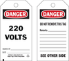 Brady B-853 Black / Red on White Cardstock Equipment Safety Tag - 3 in Width - 5 3/4 in Height - Printed Msg = DANGER - 220 VOLTS - Has Front and Rear Text - 86649 - 754476-86649 - R. S. Hughes Company, Inc.