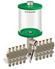 Green Color Key, Clear View Multiple Feed Electro Lubricator, 1 qt Acrylic Reservoir, 10 Feeds, 1/4” OD Tube Outlets, 24VDC - B5162-032AB10024D1GW - Oil-Rite Corp.