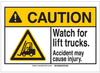 Brady B-555 Aluminum Rectangle White Truck & Forklift Warehouse Traffic Sign - 10 in Width x 7 in Height - TEXT: CAUTION Watch For Lift Trucks. Accident may cause injury. - 144091 - 754473-96730 - R. S. Hughes Company, Inc.