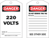 Brady B-853 Black / Red on White Cardstock Equipment Safety Tag - 4 in Width - 7 in Height - Printed Msg = DANGER - 220 VOLTS - Has Front and Rear Text - 86704 - 754476-86704 - R. S. Hughes Company, Inc.