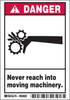Brady B-302 Black / Red on White Polyester Machine & Equipment Safety Label - 5 in Width - 3 1/2 in Height - Printed Text = DANGER - NEVER REACH INTO MOVING MACHINERY. - 86885 - 754476-86885 - R. S. Hughes Company, Inc.