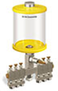 Yellow Color Key, Clear View Multiple Feed Manual Lubricator, 1 qt Pyrex Reservoir, 6 Feeds, 1/8