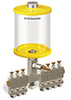 Yellow Color Key, Clear View Multiple Feed Manual Lubricator, 1 qt Pyrex Reservoir, 7 Feeds, 1/8