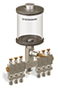 Clear View Multiple Feed Manual Lubricator, 1 pt Acrylic Reservoir, 6 Feeds, 1/4” OD Tube Outlets - B4463-016AB061W - Oil-Rite Corp.