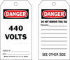 Brady B-853 Black / Red on White Cardstock Equipment Safety Tag - 3 in Width - 5 3/4 in Height - Printed Msg = DANGER - 440 VOLTS - Has Front and Rear Text - 86650 - 754476-86650 - R. S. Hughes Company, Inc.