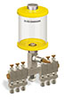 Yellow Color Key, Clear View Multiple Feed Manual Lubricator, 1 pt Acrylic Reservoir, 6 Feeds, 1/4” OD Tube Outlets - B5163-016AB061YW - Oil-Rite Corp.