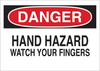 Brady B-401 Polystyrene Rectangle White Machine & Equipment Sign - 14 in Width x 10 in Height - TEXT: DANGER HAND HAZARD WATCH YOUR FINGERS - 22982 - 754476-22982 - R. S. Hughes Company, Inc.