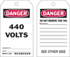 Brady B-837 Black / Red on White Polyester / Paper Equipment Safety Tag - 4 in Width - 7 in Height - Printed Msg = DANGER - 440 VOLTS - Has Front and Rear Text - 86482 - 754476-86482 - R. S. Hughes Company, Inc.