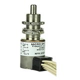 Environmentally sealed limit switch with Leadwire termination, Plunger actuation, Four Pole Double Throw Circuitry, 7 A (Resistive) ampere rating at 28 Vdc, Military Part Number MS21321-2 -- 404EN1-6